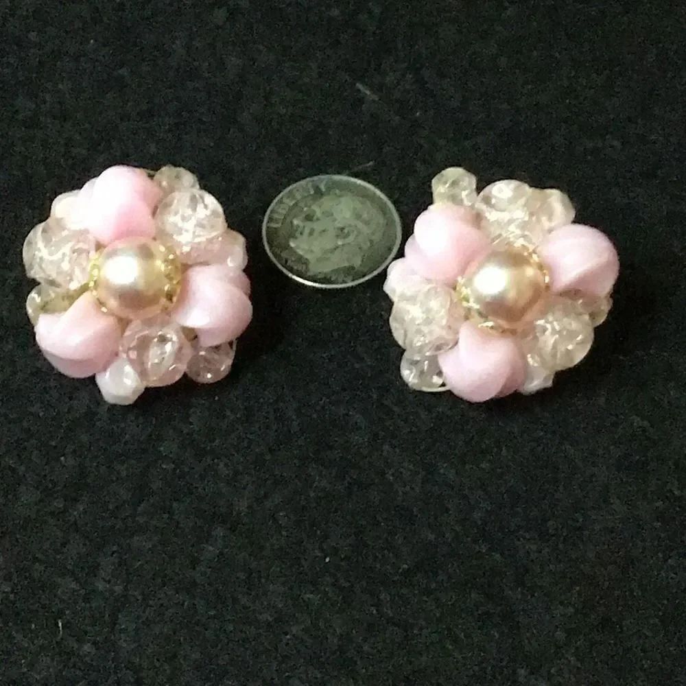 Earrings, vintage post, WWII Japan made pink pearl like flower